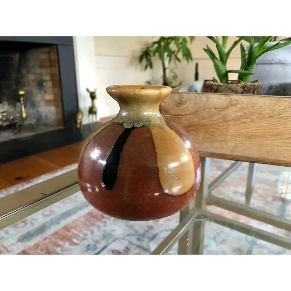 Vintage Handmade Ceramic Bud Vase Brown Beige Drip Glaze Studio Pottery
